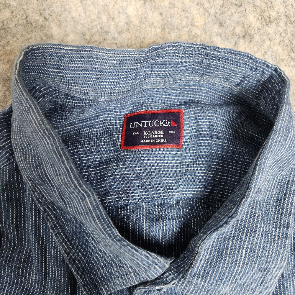 Untuckit 100% Linen Canon Button Shirt Men XL SS Blue White Micro Stripe Slim - Picture 3 of 6